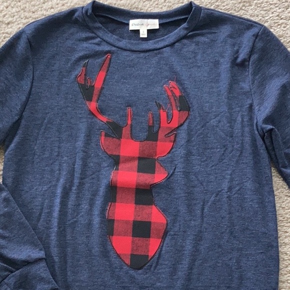 Navy French Terry Long Sleeve Plaid Reindeer Top - Picture 8 of 10